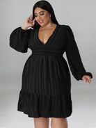 Plus size jacquard V-neck striped long-sleeved dress - Stormyjay