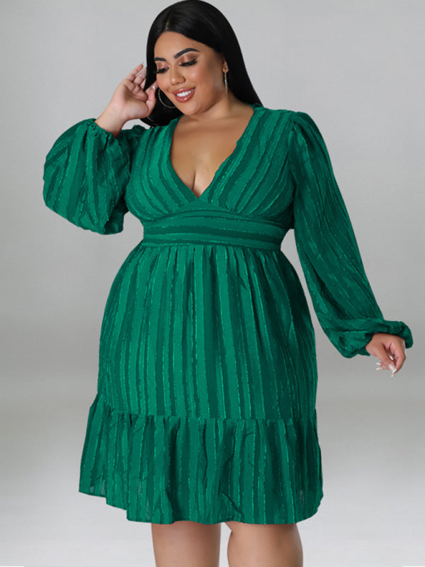 Plus size jacquard V-neck striped long-sleeved dress - Stormyjay