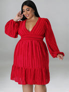 Plus size jacquard V-neck striped long-sleeved dress - Stormyjay