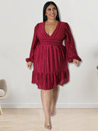 Plus size jacquard V-neck striped long-sleeved dress - Stormyjay