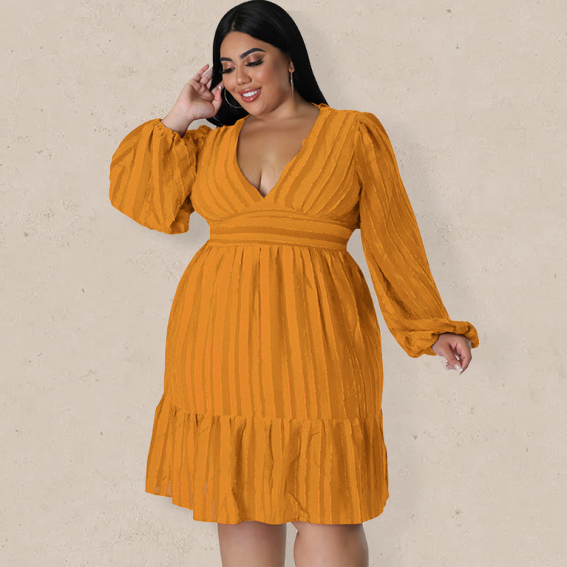 Plus size jacquard V-neck striped long-sleeved dress - Stormyjay