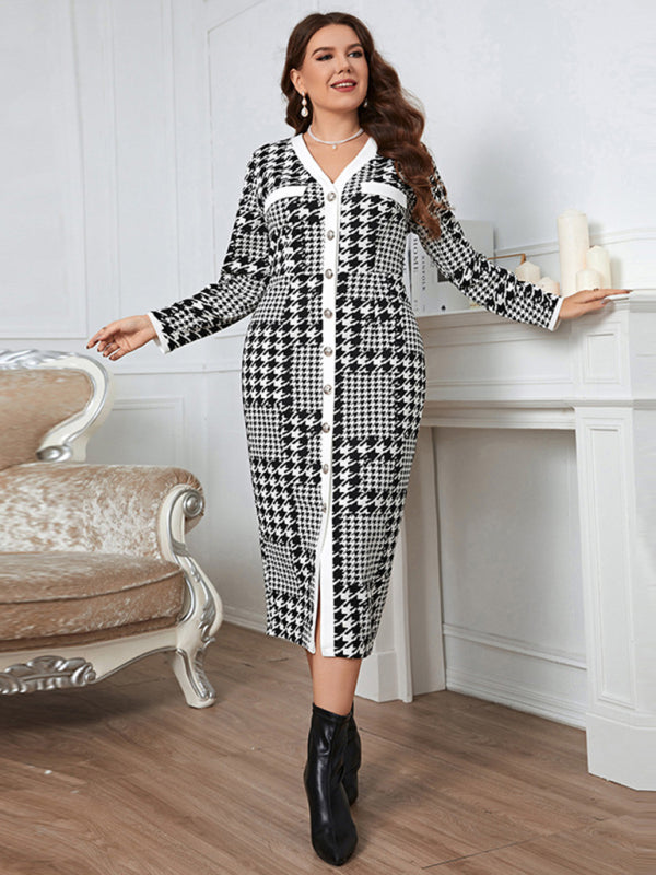 Plus-size slim-fit hip-packed long high-quality plaid midi dress - Stormyjay