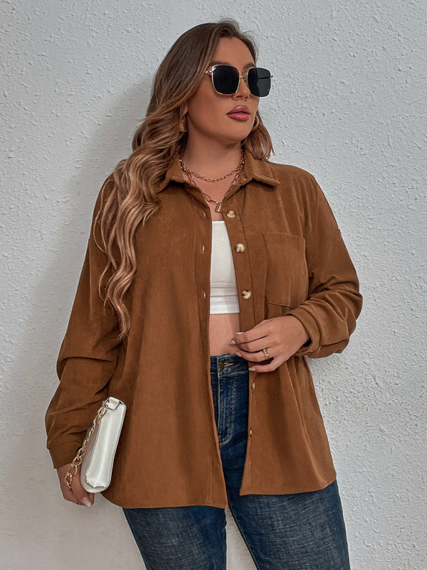 Plus Size New Corduroy Long Sleeve Lapel Shirt - Stormyjay