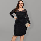 Plus Size Ladies - Round Neck Elegant High Waist Long Sleeve Party Dress - Stormyjay