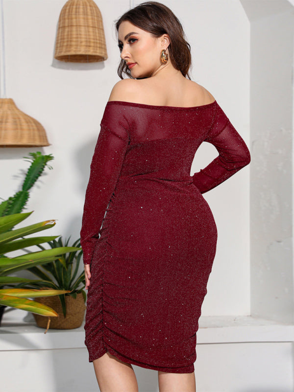 Plus Size Ladies - Round Neck Elegant High Waist Long Sleeve Party Dress - Stormyjay