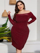 Plus Size Ladies - Round Neck Elegant High Waist Long Sleeve Party Dress - Stormyjay