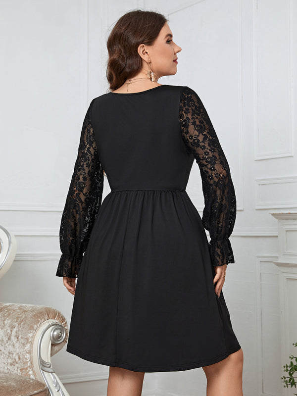 Women's Solid Color Lace Elegant Plus Size Dress - Stormyjay