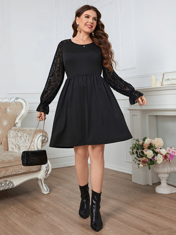 Women's Solid Color Lace Elegant Plus Size Dress - Stormyjay