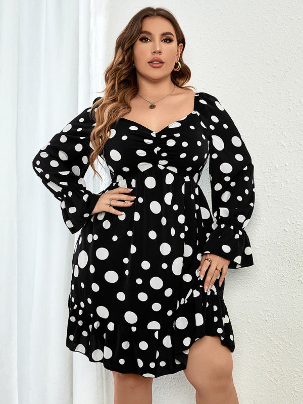 Plus size polka dot casual waist long sleeve dress - Stormyjay