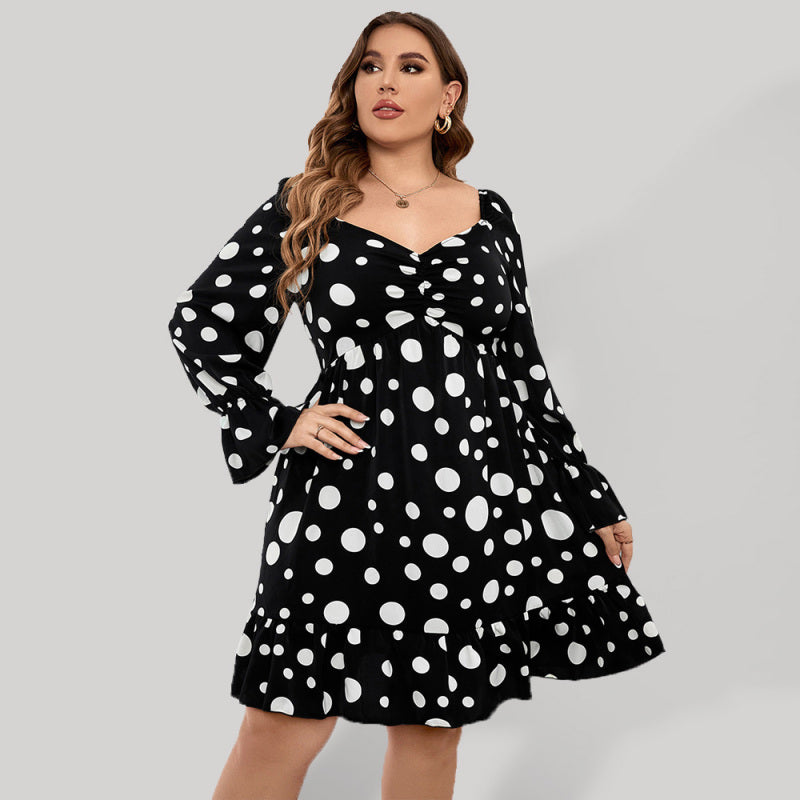 Plus size polka dot casual waist long sleeve dress - Stormyjay