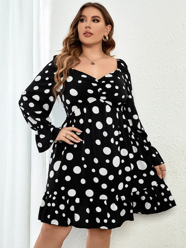 Plus size polka dot casual waist long sleeve dress - Stormyjay