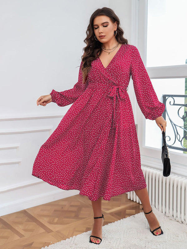 Plus size big pendulum polka dot long sleeve commuter red dress - Stormyjay