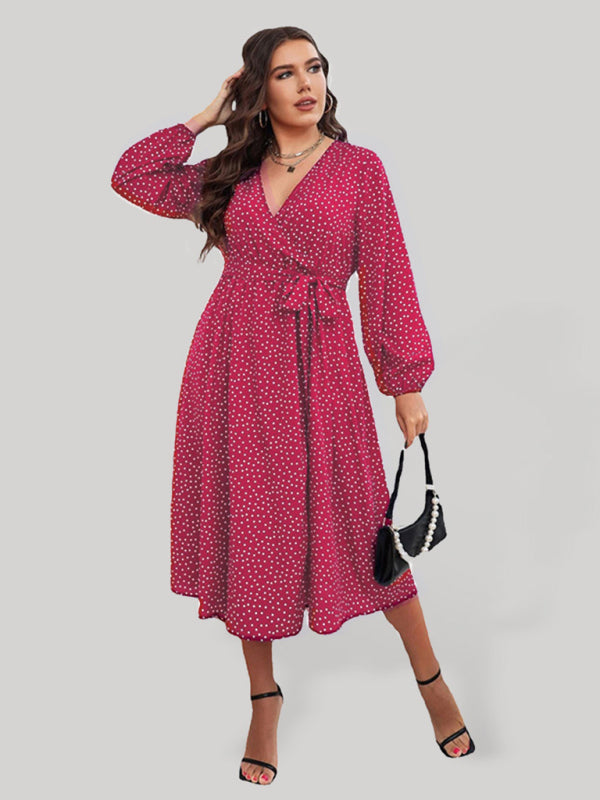 Plus size big pendulum polka dot long sleeve commuter red dress - Stormyjay