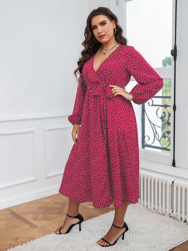 Plus size big pendulum polka dot long sleeve commuter red dress - Stormyjay