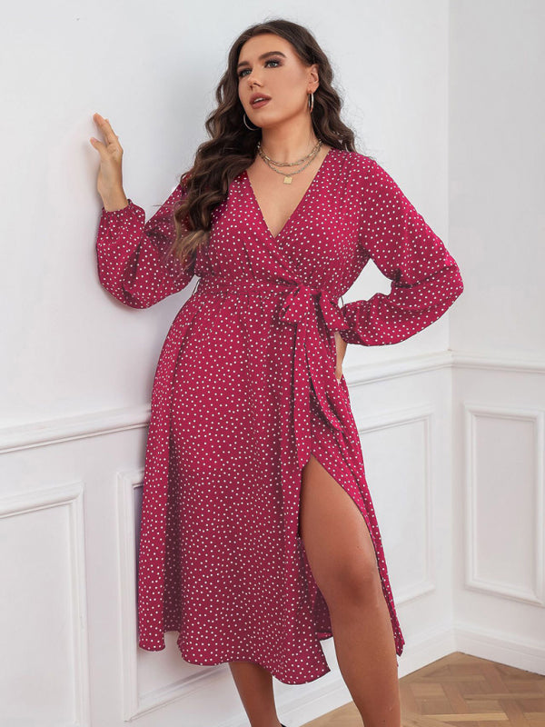 Plus size big pendulum polka dot long sleeve commuter red dress - Stormyjay