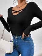 Women's solid color crossover V-neck long-sleeved T-shirt - Stormyjay