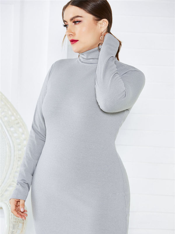 Women's Plus Size Solid Color Knit Turtleneck Long Sleeve Dress - Stormyjay