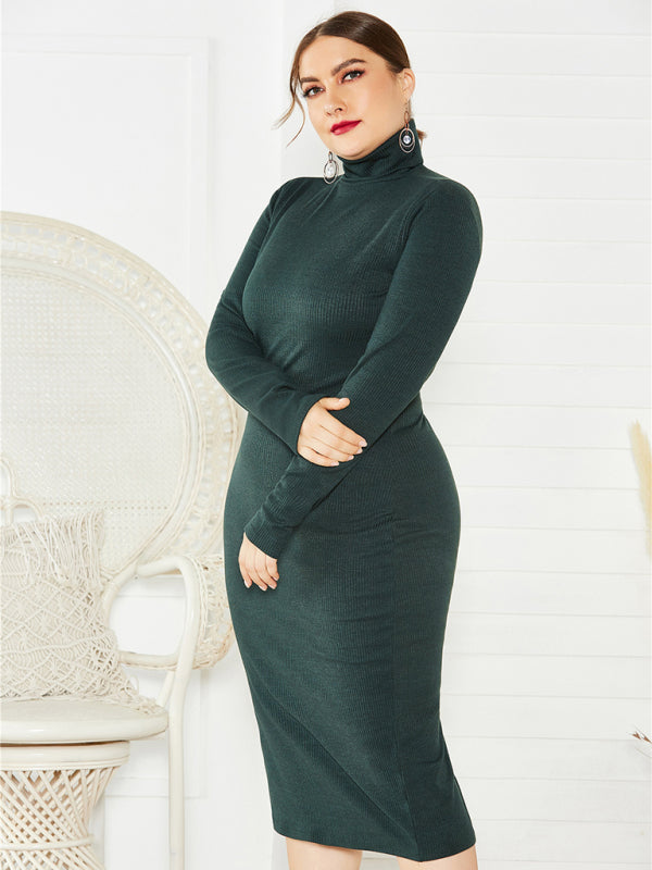 Women's Plus Size Solid Color Knit Turtleneck Long Sleeve Dress - Stormyjay