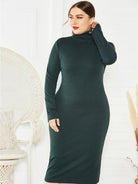 Women's Plus Size Solid Color Knit Turtleneck Long Sleeve Dress - Stormyjay