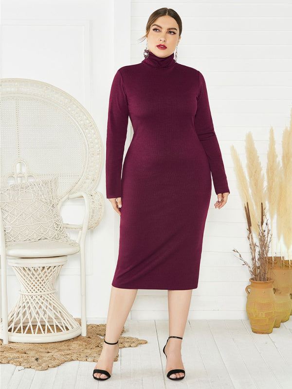 Women's Plus Size Solid Color Knit Turtleneck Long Sleeve Dress - Stormyjay