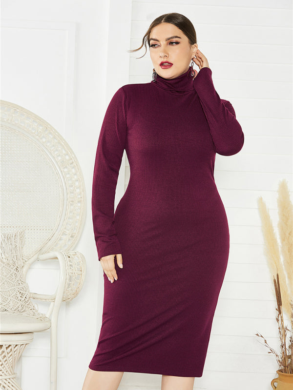 Women's Plus Size Solid Color Knit Turtleneck Long Sleeve Dress - Stormyjay