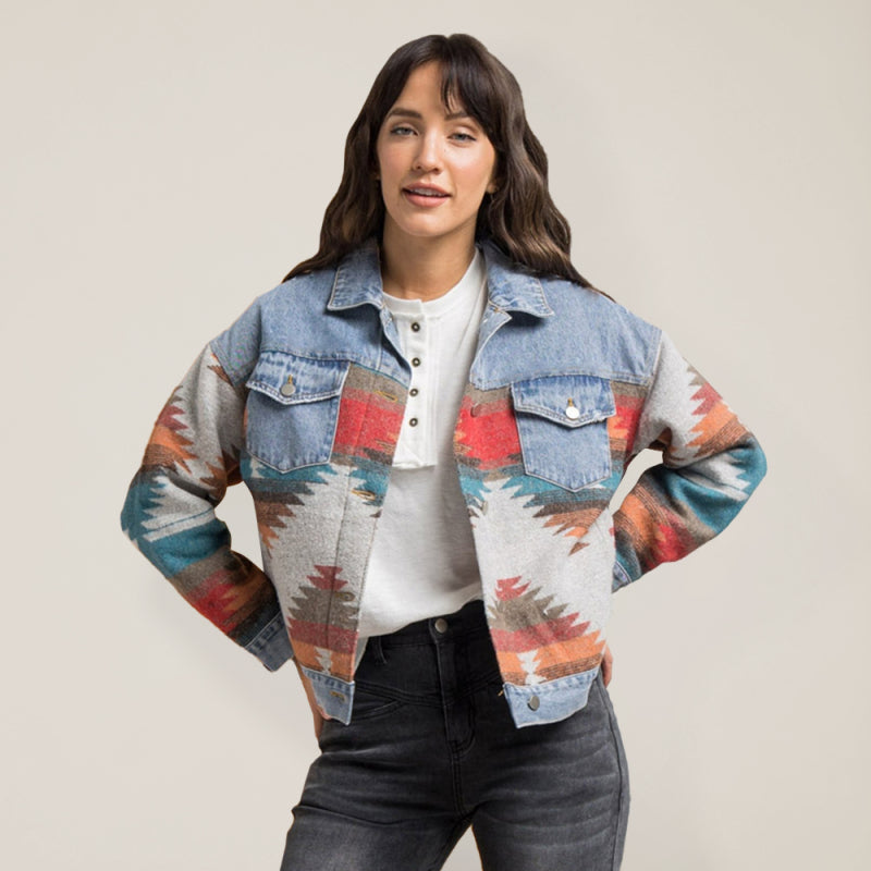 Lapel loose denim stitching woolen coat women's retro jacket - Stormyjay