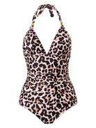 One Piece Swimsuit Conservative Leopard Print Halter Red Backless Swimsuit - Stormyjay