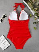 One Piece Swimsuit Conservative Leopard Print Halter Red Backless Swimsuit - Stormyjay