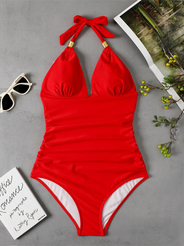 One Piece Swimsuit Conservative Leopard Print Halter Red Backless Swimsuit - Stormyjay