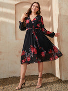 Plus Size Sexy V Neck Floral Print Tie Slim Dress - Stormyjay