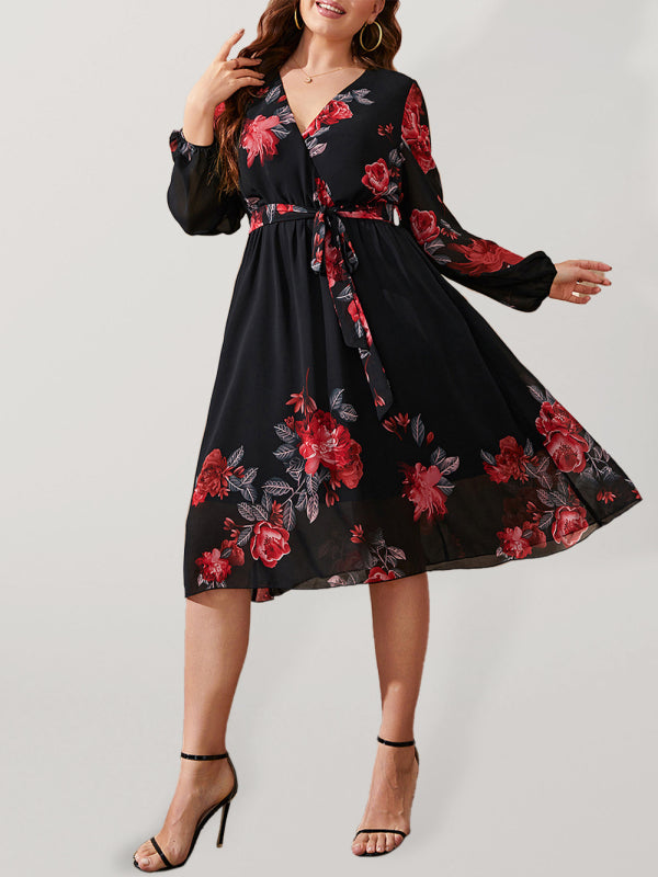 Plus Size Sexy V Neck Floral Print Tie Slim Dress - Stormyjay