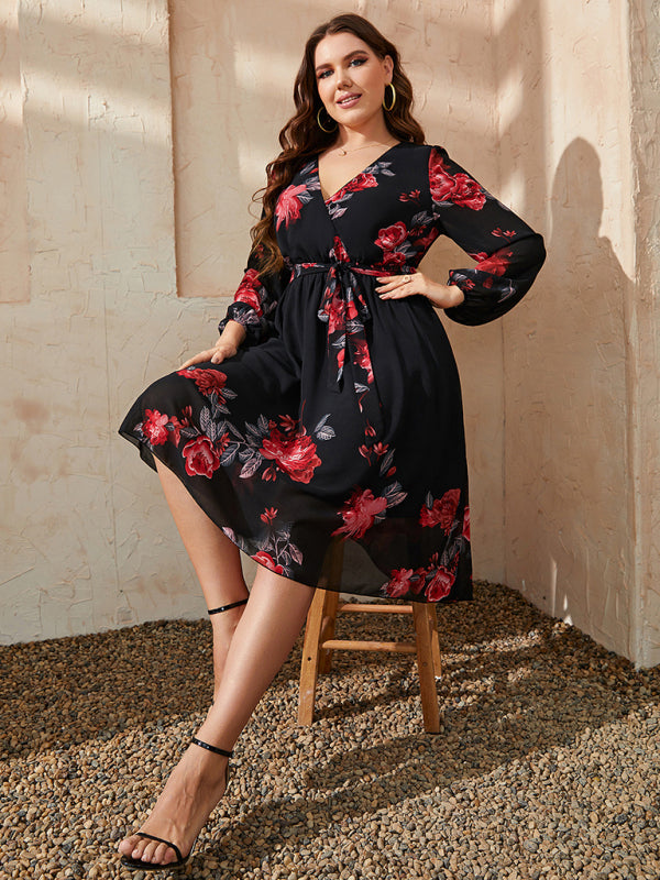 Plus Size Sexy V Neck Floral Print Tie Slim Dress - Stormyjay