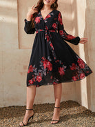 Plus Size Sexy V Neck Floral Print Tie Slim Dress - Stormyjay