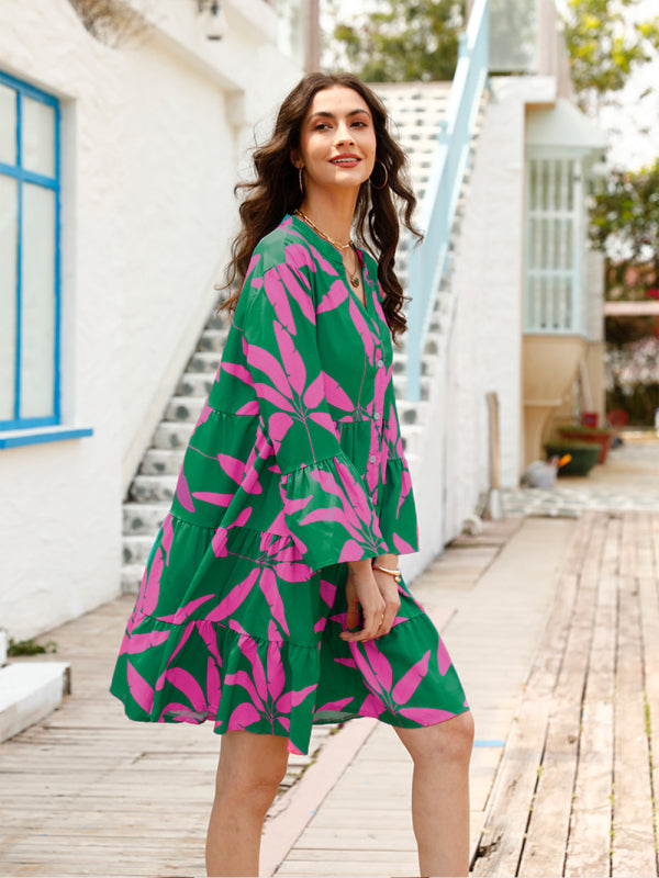 Women's floral print bell sleeve dress - Stormyjay