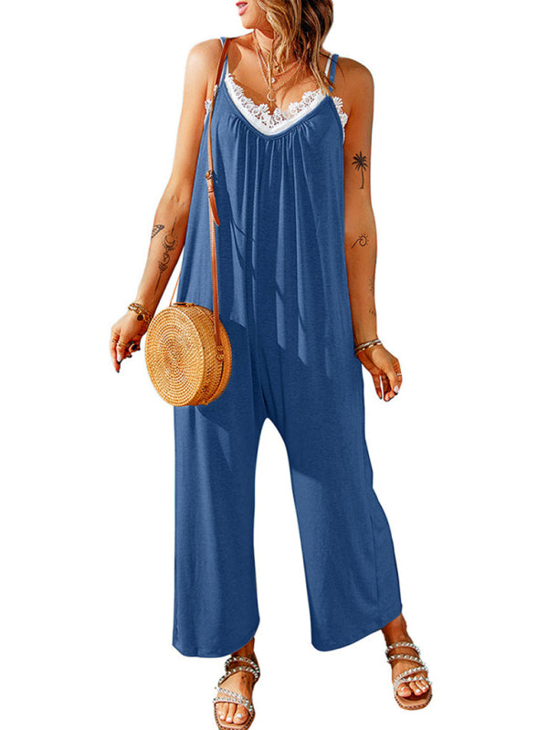 Women's casual suspenders jumpsuit loose simple wide-leg jumpsuit - Stormyjay