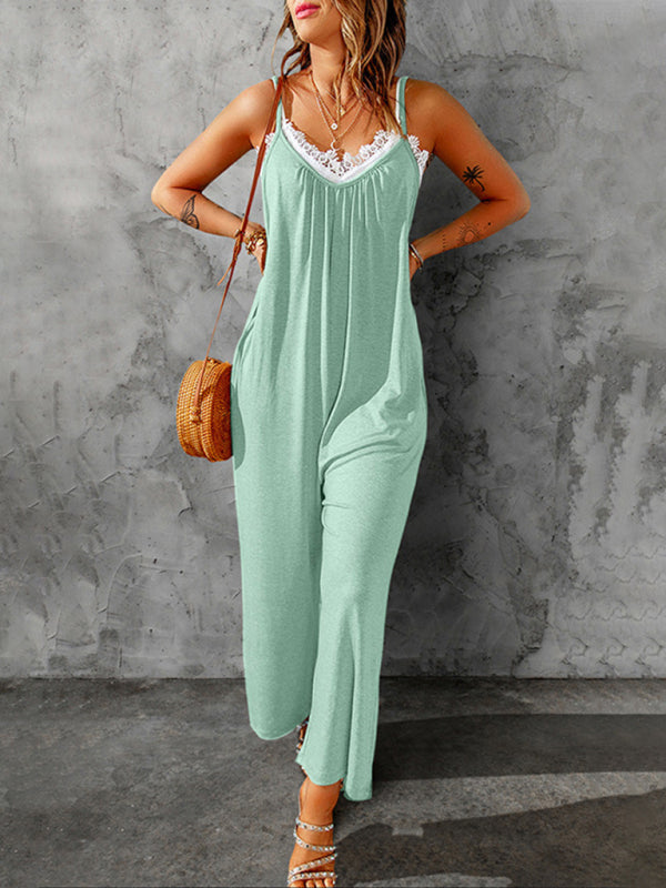 Women's casual suspenders jumpsuit loose simple wide-leg jumpsuit - Stormyjay