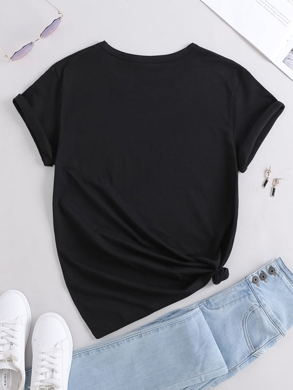 Women's Knitted Casual Round Neck Printed Short Sleeve T-Shirt - Stormyjay