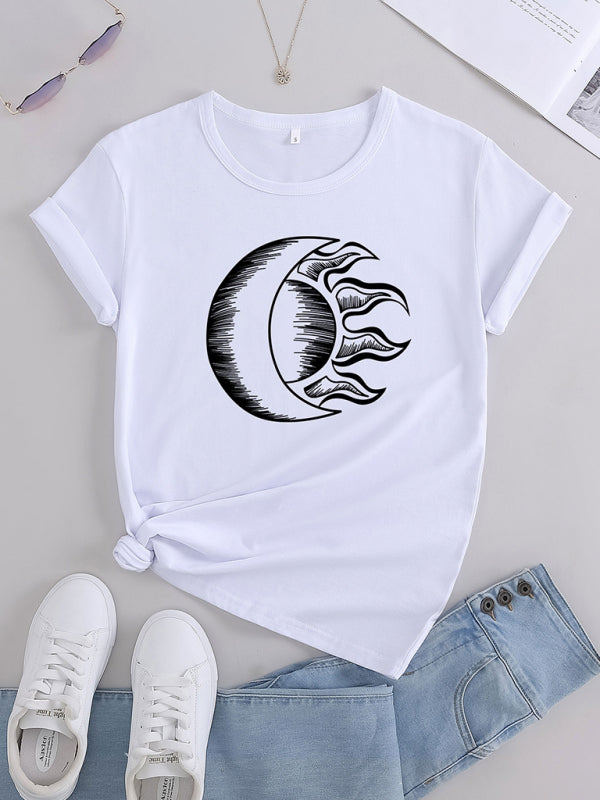 Women's Knitted Casual Round Neck Printed Short Sleeve T-Shirt - Stormyjay