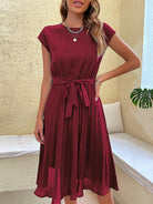 Women's Woven Round Neck Elegant Pleated Dress - Stormyjay