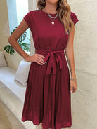 Women's Woven Round Neck Elegant Pleated Dress - Stormyjay