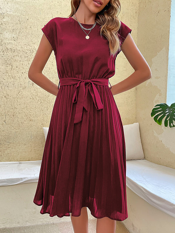 Women's Woven Round Neck Elegant Pleated Dress - Stormyjay