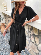 Women's Woven V Neck Short Sleeve Midi Dress - Stormyjay