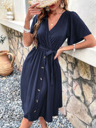 Women's Woven V Neck Short Sleeve Midi Dress - Stormyjay