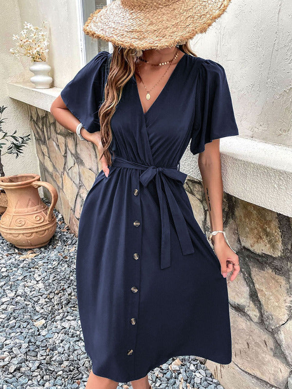 Women's Woven V Neck Short Sleeve Midi Dress - Stormyjay