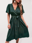 Women's Woven V Neck Short Sleeve Midi Dress - Stormyjay