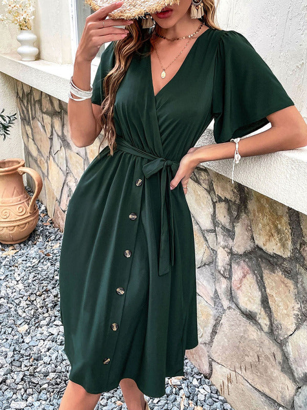 Women's Woven V Neck Short Sleeve Midi Dress - Stormyjay