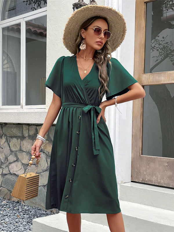 Women's Woven V Neck Short Sleeve Midi Dress - Stormyjay