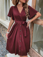 Women's Woven V Neck Short Sleeve Midi Dress - Stormyjay