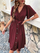 Women's Woven V Neck Short Sleeve Midi Dress - Stormyjay