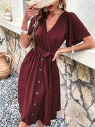 Women's Woven V Neck Short Sleeve Midi Dress - Stormyjay